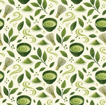Seamless matcha green tea pattern with leaves and powder V02