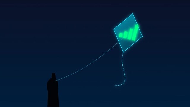 Person flying a digital glowing data chart kite in a dark futuristic sky animation