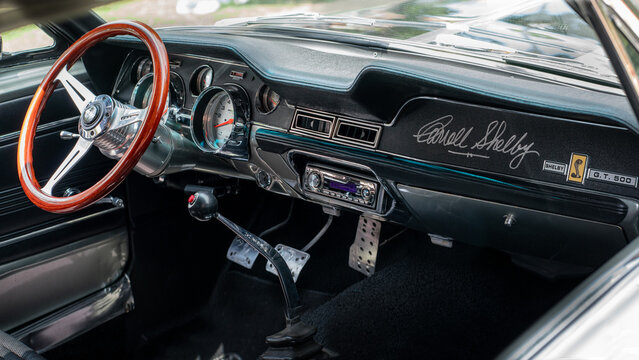 Ford Mustang Shelby GT500 (Eleanor replica from movie Gone in 60 Seconds) 1967 1st gen fastback muscle car interior dashboard detail with Carroll Shelby signature badge,  Palic, Serbia, Jul 5, 2026
