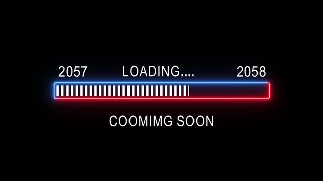 Futuristic neon loading progress bar animation transitioning from year 2057 to 2058 with digital glitch effects and coming soon text on black background, for sci-fi user interface