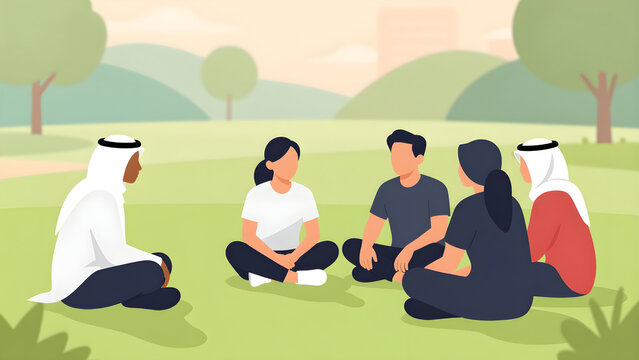 Diverse group of people sitting on grass in a park flat vector illustration