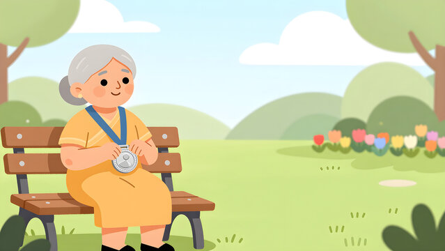 Asian elderly woman with medal sitting on park bench flat illustration
