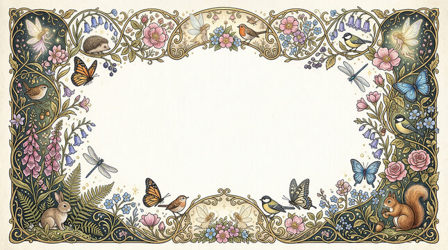 Fantasy art nouveau natural frame with fairies and animals for text or designs.