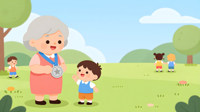 Asian grandmother with medal and children in a park flat vector illustration