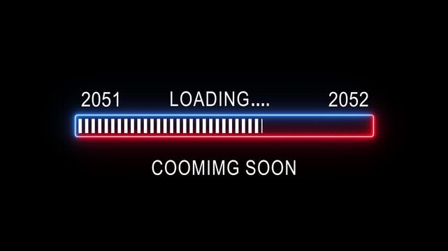 Futuristic glowing neon loading progress bar animation with cybernetic glitch effects counting up from year 2051 to 2052 and showing coming soon text on a sleek dark background, for tech projects