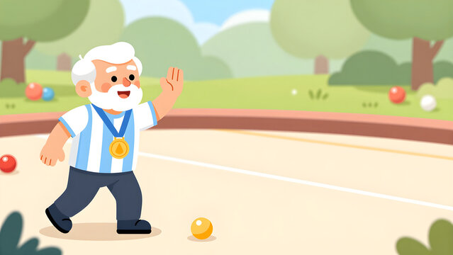 Caucasian senior man playing bocce ball in a park flat vector illustration