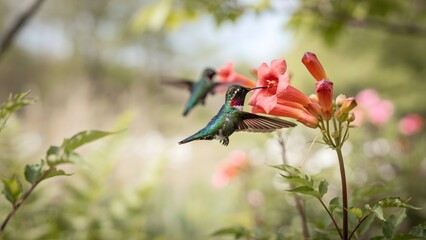 Fototapeta premium Colorful hummingbird hovering near blooming flowers, showcasing detailed feathers, delicate wings and natural beauty in a realistic wildlife photography scene with a soft outdoor background.