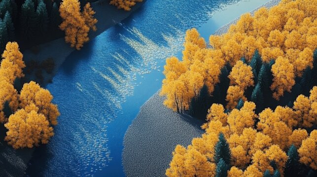 Autumn river flowing through a forest with yellow trees