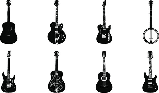 8 Musical Guitar Black Silhouette Vector Icon Set Featuring Acoustic, Electric, Bass, Resonator, and Banjo String Instruments
