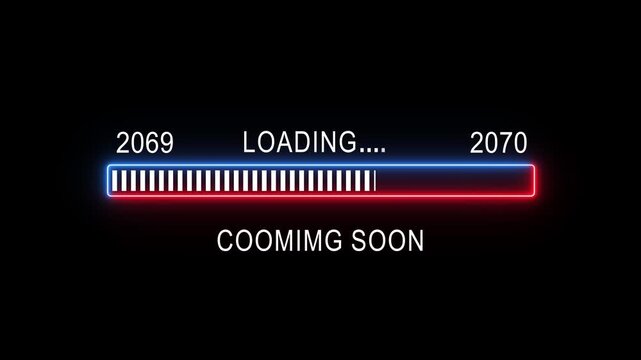 Futuristic cyberpunk loading bar animation with digital glitch effects, progressing from year 2069 to 2070 with neon glowing borders and tech ui on a dark black background
