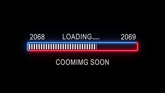 Futuristic neon loading progress bar animation counting up to the year 2069 with digital glitch effect, sci-fi user interfaces, countdown timers, and technology presentations