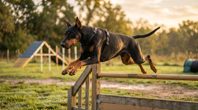 Doberman dog jumping over obstacle at an agility training facility  