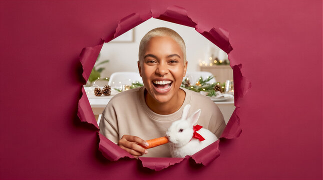 Smiling woman holding carrot for white rabbit through torn paper hole, festive home setting. Joyful moment, pets, lifestyle, celebration.