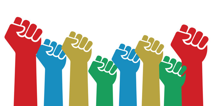 Group of raised fists in different colors, protest, solidarity and human rights concept vector graphic.
