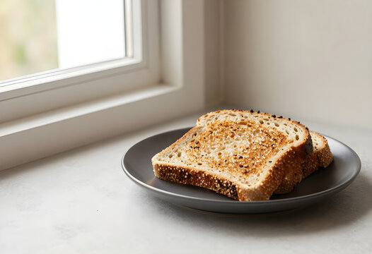 Toasted multigrain bread on a dark plate