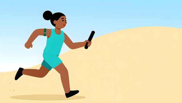 Black woman running with a baton in a relay race flat vector illustration