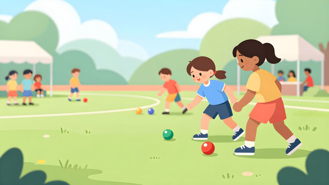 Diverse children playing bocce ball game on a sunny green field flat illustration
