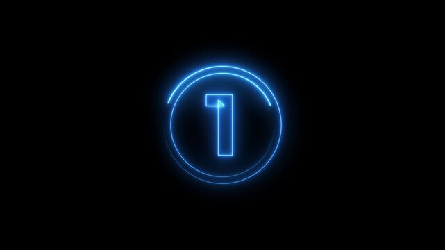 Glowing neon 5 second countdown timer, digital circular animation from 5 to 0 seconds on black background.