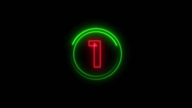 Glowing neon 5 second countdown timer, digital circular animation from 5 to 0 seconds on black background.