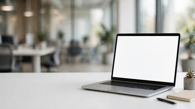 Laptop with blank white screen on modern office desk, mockup for digital business presentation, clean workspace for website landing page development and software interface display