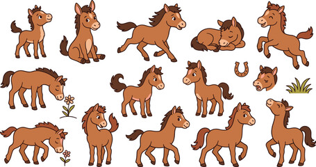 Fototapeta premium Cute Cartoon Horse and Foal Vector Silhouette Set Featuring Pony In Running Sleeping Sitting and Galloping Poses