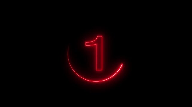 5 second countdown timer animation with neon number text glowing from 5 to 0 with interesting circle animation. Circle countdown timer 5 sec animation on black background.