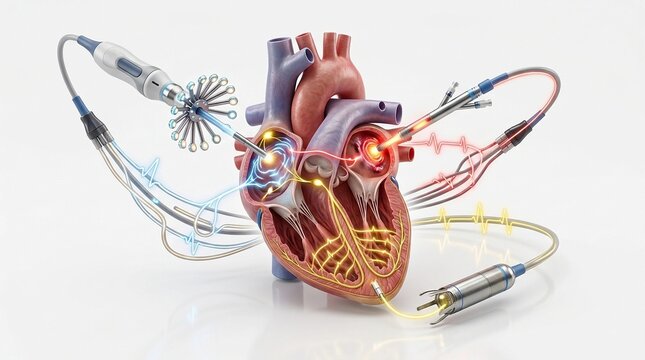 Futuristic robotic cardiac surgery and heart ablation procedure for arrhythmia treatment illustration