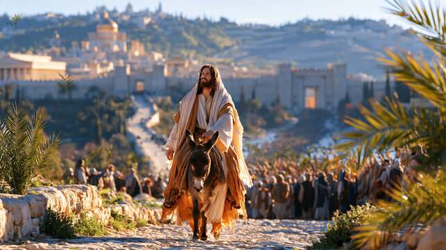 Triumphal Entry of Jesus Christ into ancient Jerusalem depicted from a slightly elevated perspective, Jesus riding a donkey at the center of a large faithful crowd waving palm branches, winding ston
