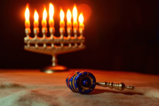 Hanukkah menorah with glowing candles lit against a color background for traditional holiday celebration