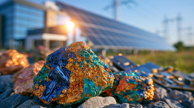 Copper sulfide ore specimens arranged in the foreground with a modern renewable energy facility, electrical grid infrastructure and advanced electronics softly visible behind them, concept of copper