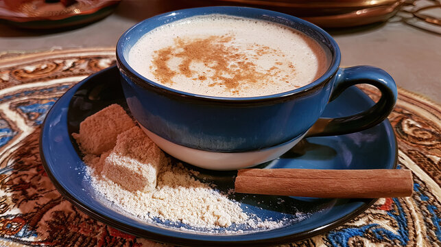 transparent salep orchid root winter drink with cinnamon in snowy setting
