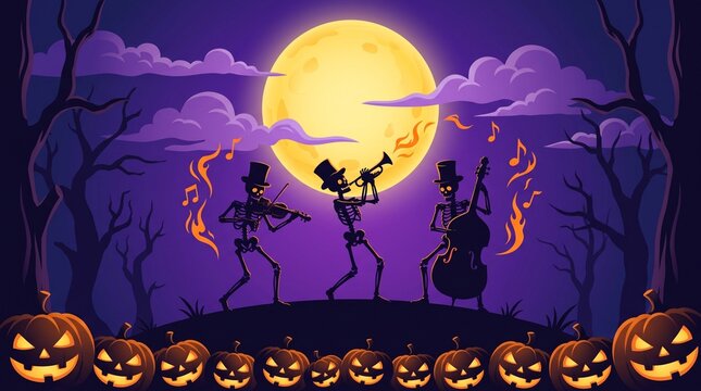 Skeleton Musicians Playing Music Under Moonlight