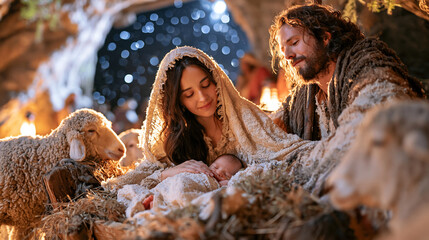 Fototapeta premium Reverent Nativity scene in ancient Bethlehem with Mary, Joseph and newborn Jesus Christ gathered around a wooden manger, soft straw beneath the baby, gentle sheep positioned peacefully beside the Ho