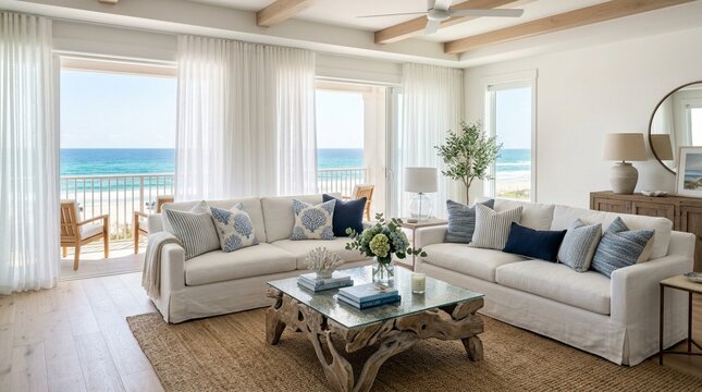Bright Coastal Living Room with Ocean View, Beach House Interior Design