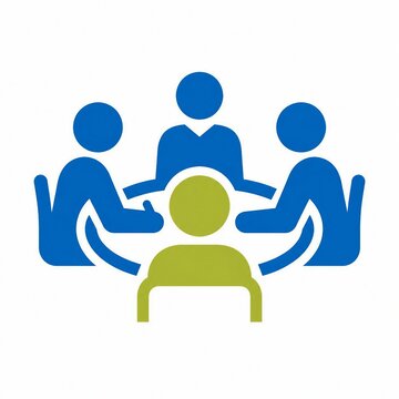 Four people sitting around a green seated figure in a meeting