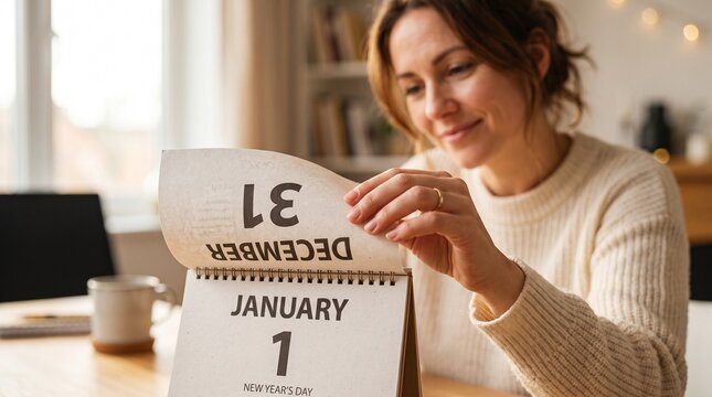 Calendar turning to January 1st, Young woman flipping calendar to January 1 at home in the morning  