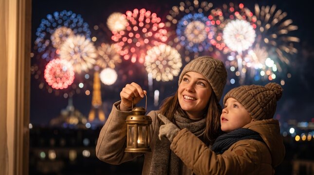 Fireworks exploding at midnight, Mother and son in winter clothing watching fireworks holding lantern outdoors  