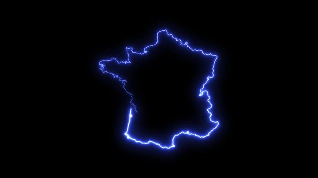 Glowing neon map of france outline with electric blue light effect on black background