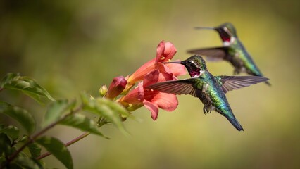 Fototapeta premium Colorful hummingbird hovering near blooming flowers, showcasing detailed feathers, delicate wings and natural beauty in a realistic wildlife photography scene with a soft outdoor background.