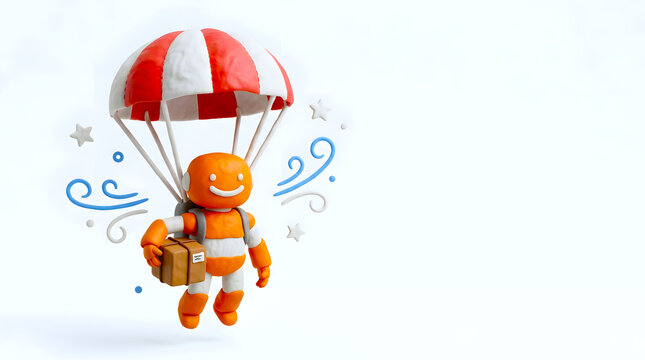 Cute orange delivery robot character skydiving with red parachute holding brown box for express air shipping.