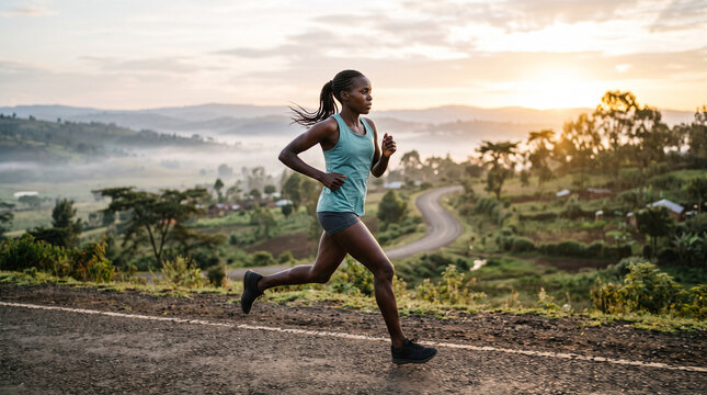 female athlete running on rural road during sunrise or sunset