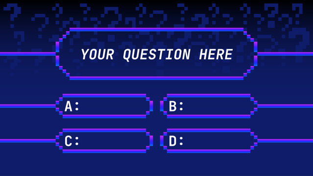 Retro pixel art quiz game interface trivia question screen with multiple choice options, arcade gaming text box template, 8-bit testing display for interactive entertainment