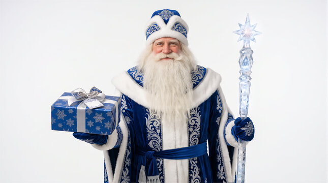 Ded Moroz Father Frost in blue traditional coat holding ice staff and gift box isolated on white background, russian christmas and slavic folklore concept
