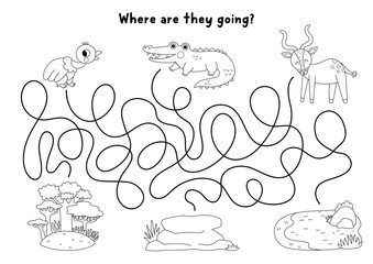 Obraz premium Safari black and white maze with animals going to tree forest, rocks, water. African savanna labyrinth game. Savannah printable activity, worksheet, coloring page with vulture, crocodile, antelope