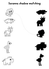 Obraz premium Savanna black and white shadow matching activity with little animals. Safari line puzzle with baby rhino, crocodile, flamingo. African savannah find correct silhouette coloring page, game