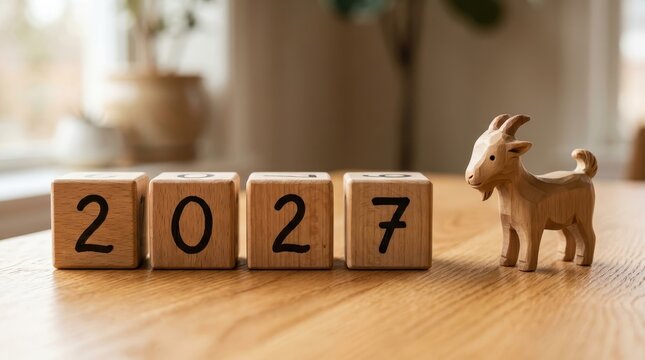 Wooden blocks displaying the year 2027 beside a carved goat figurine on a table, representing the Chinese New Year of the Goat for festive planning and seasonal celebration