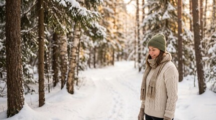 Fototapeta premium Forest path covered in snow, Young woman walking in snowy winter forest wearing knit hat and scarf 
