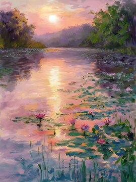 Pintura al &oacute;leo de un estanque con nen&uacute;fares en flor durante un atardecer dorado y tonos rosados en la naturaleza