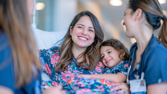 Hispanic child with family member consulting with a friendly pediatrician and nurse in a bright hospital room, healthcare professionals explaining follow-up care while the child listens calmly, fami