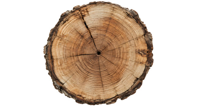 Cross section of a weathered tree trunk showing annual growth rings and bark.